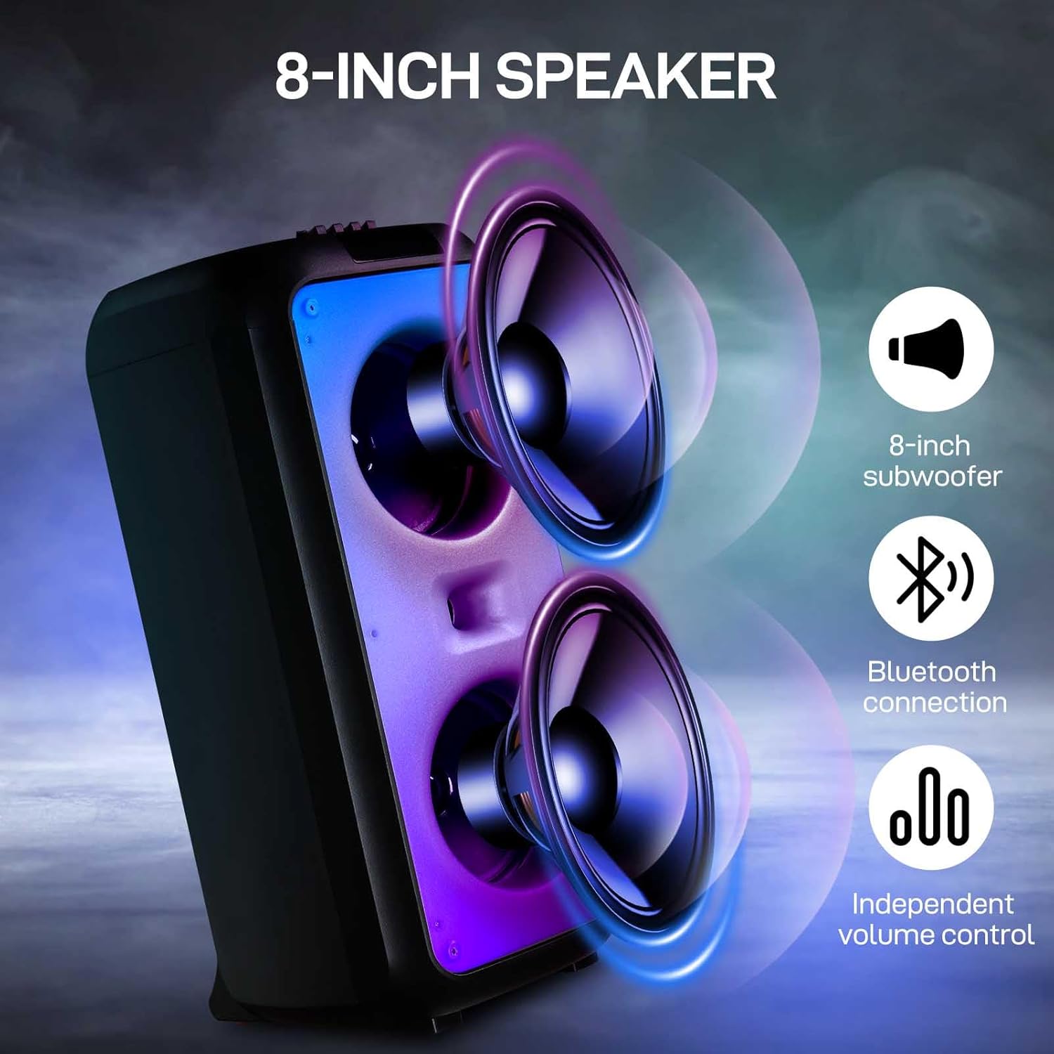 Close-up view of the speaker's dual 8-inch subwoofers with graphic overlays indicating '8-inch subwoofer', 'Bluetooth connection', and 'Independent volume control'.