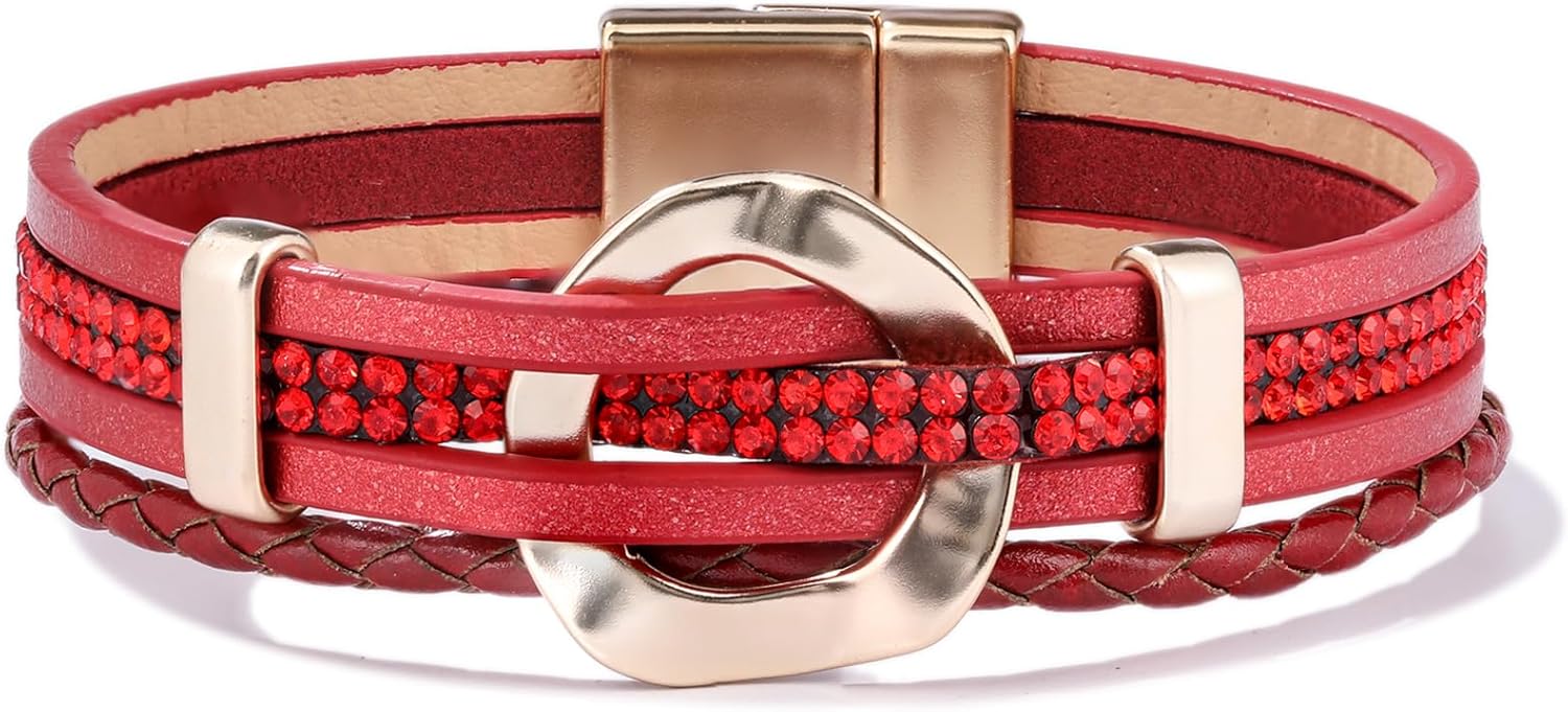 FANCY SHINY Leather Cuff Bracelet Circle Rhinestone Wrap Bracelet Stackable Multi Layer Wristband with Clasp Boho Jewelry Gift for Women