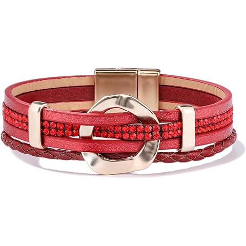 FANCY SHINY Leather Cuff Bracelet Circle Rhinestone Wrap Bracelet Stackable Multi Layer Wristband with Clasp Boho Jewelry Gift for Women