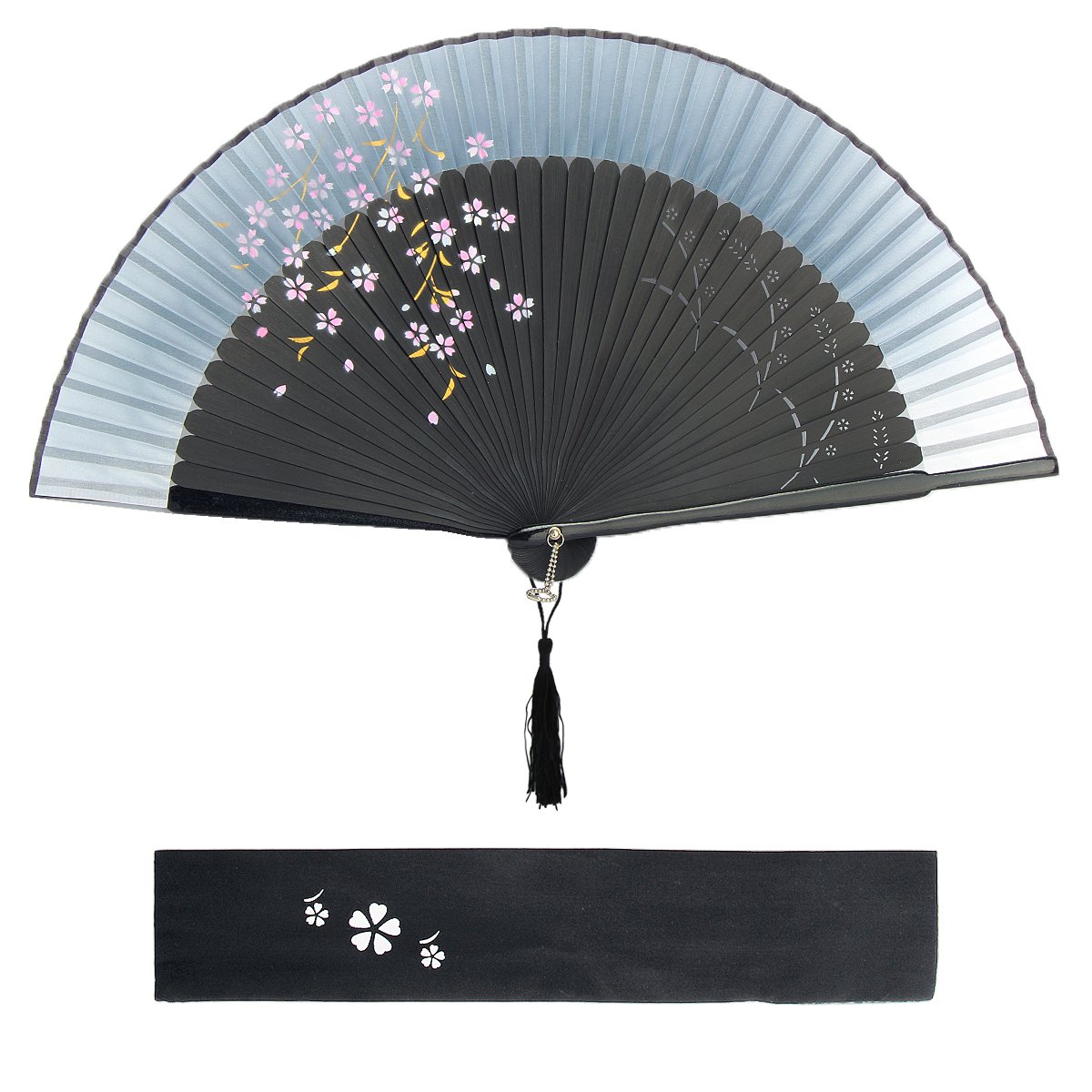 FSROOMZ Japanischer Klappfächer Kirschblüte aus Leinen & Bambus – Handlicher Mini-Fächer mit Quaste für Damen, Herren, Kinder