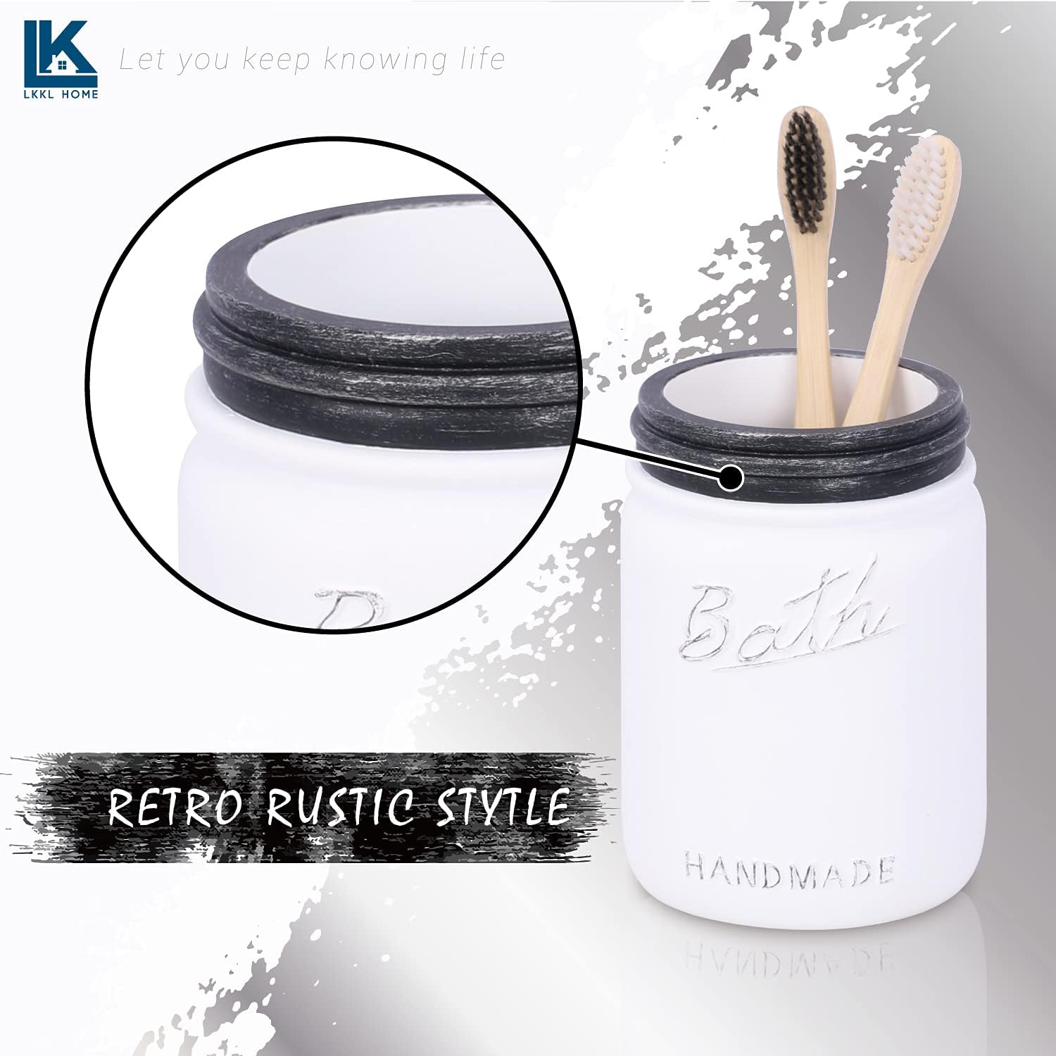 LKKL Mason Jar Bathroom Accessories Set 5 Pcs - Lotion Soap Dispenser & Toothbrush Holder & 2 Apothecary Jars & Vanity Tray - Rustic Farmhouse Decor, Countertop Vanity Organizer - Black/White : Home & Kitchen