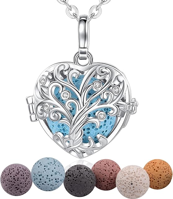 INFUSEU Aromatherapy Necklace, Silver Plated Women Fragrance Stone Necklace Classic Pendant Meditation Chain Mood Chain Lava Stone Diffuser Women Jewelry