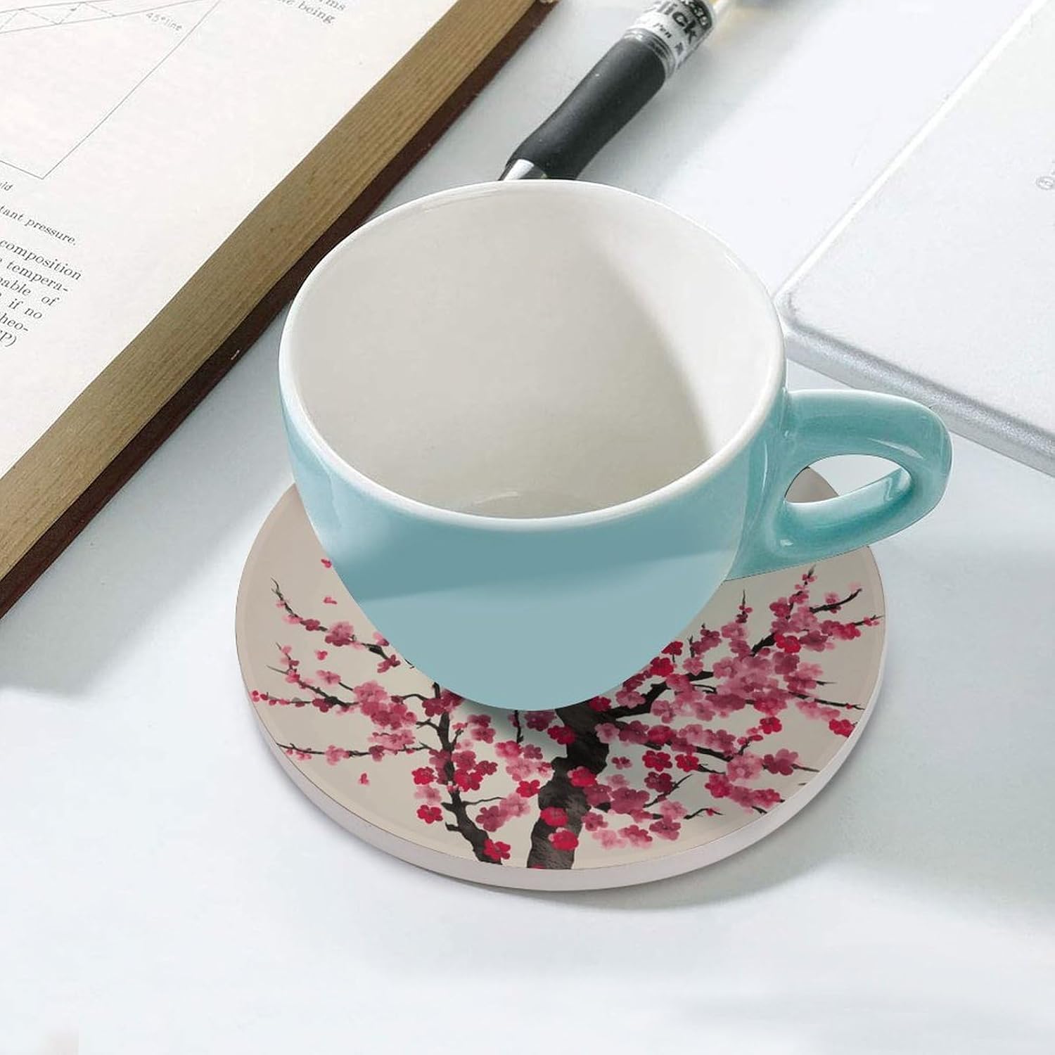 6PCS Blooming Cherry Tree Coasters Non-Slip Round Drink Coasters with Ceramic Stone and Cork Base, Heat Resistant Absorbent 33.00Stone Coaster Set for Kinds of Mugs and Cups, 4 Inch