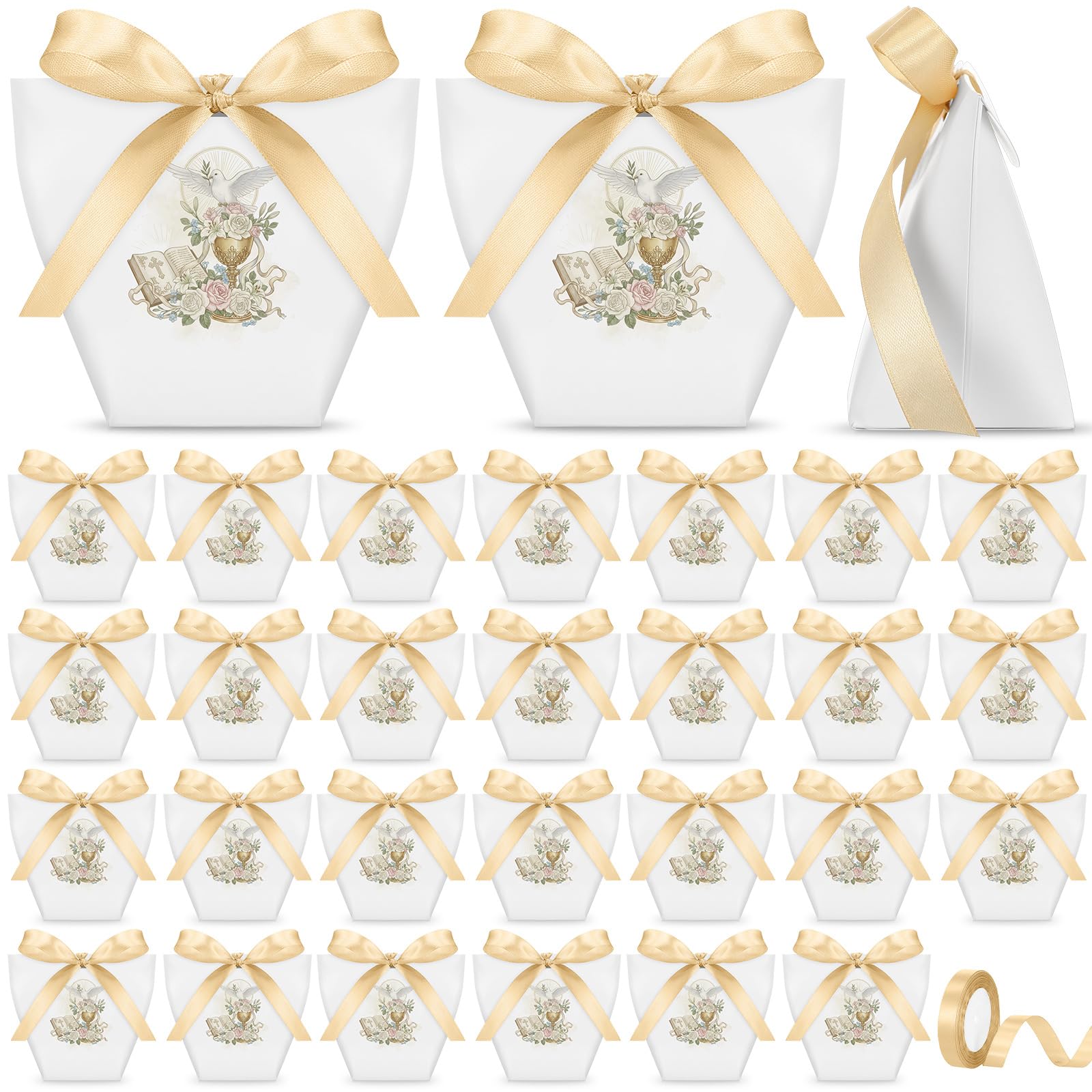 Tenare 50 Pezzi Scatoline Bomboniere Comunione Scatole Portaconfetti Cresima 1 Nastro Dorato Sacchetti Confetti Comunione Regalo per Festa Cresima Battesimo Compleanno Matrimonio