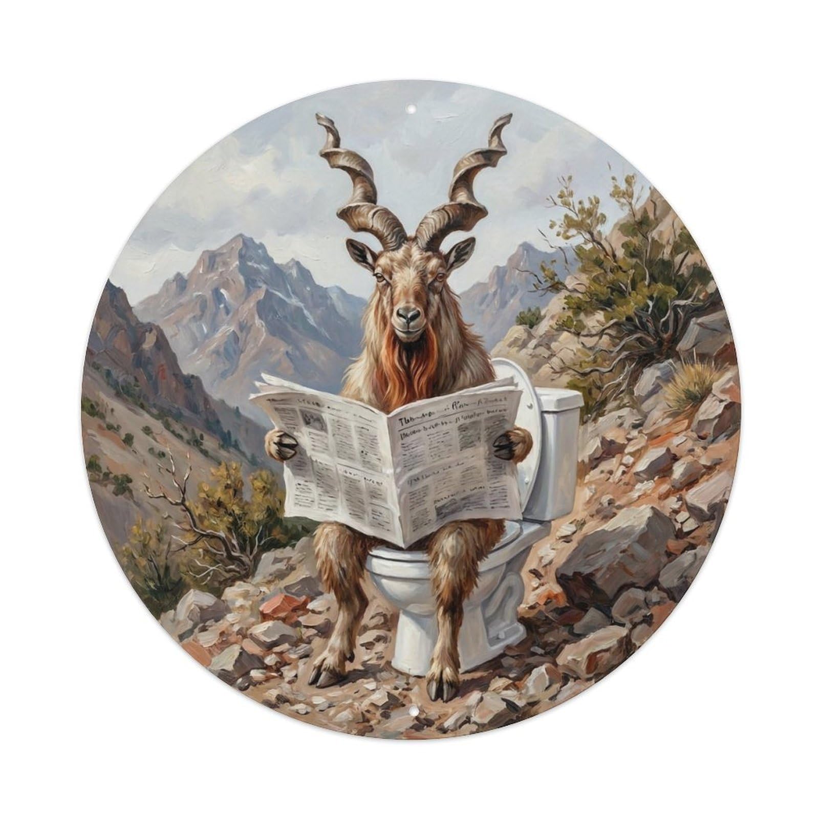 Markhor On Toilet Humorous Bathroom Mountain Scree Reads Metal Tin Sign