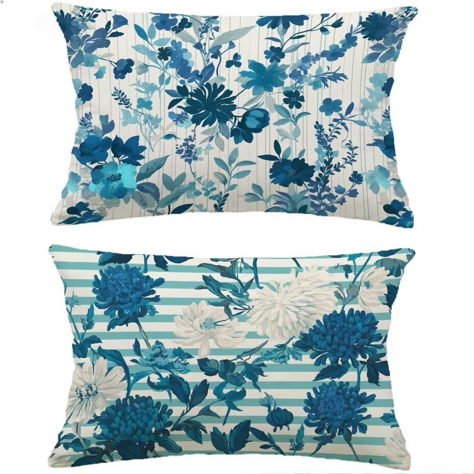 Housse de coussin de jardin aspect lin turquoise 70x90 pour canapé rattan terrasse