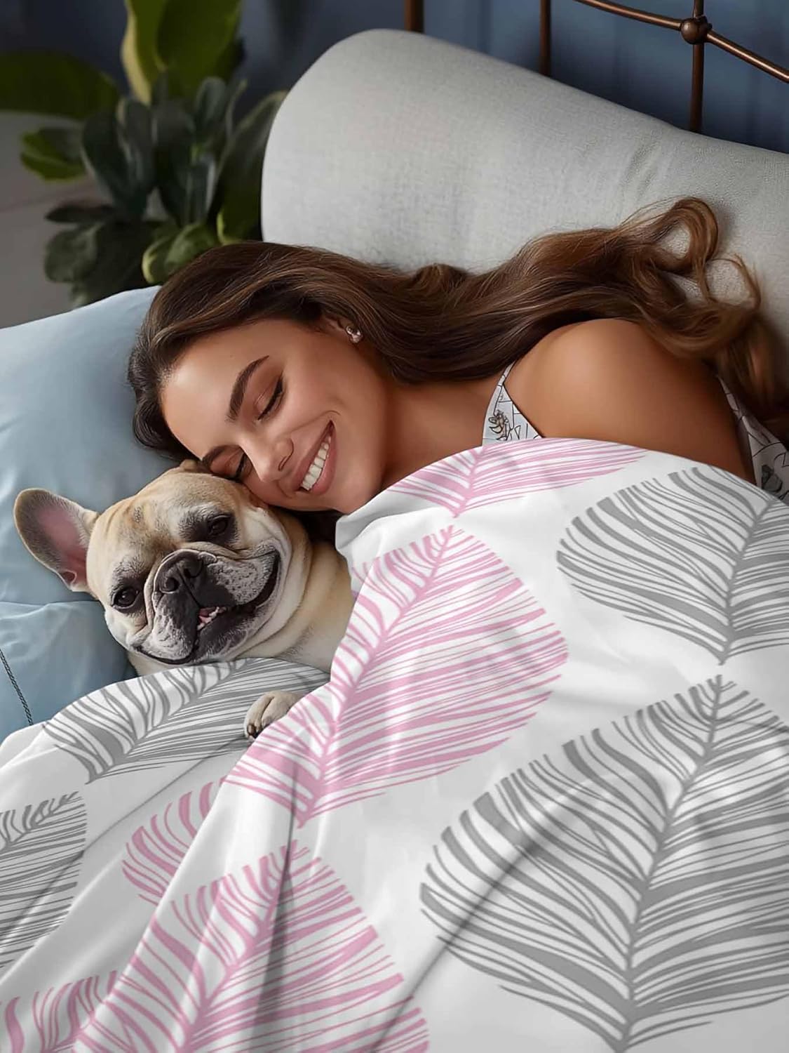 Full Flat Sheet Only Bed Sheets Pink and Grey Botanical Leaves Microfiber Breathable Bedding Flat Sheet, Abstract Geometric Lines Art Soft Top Sheets for Bedroom Living Room Sofa
