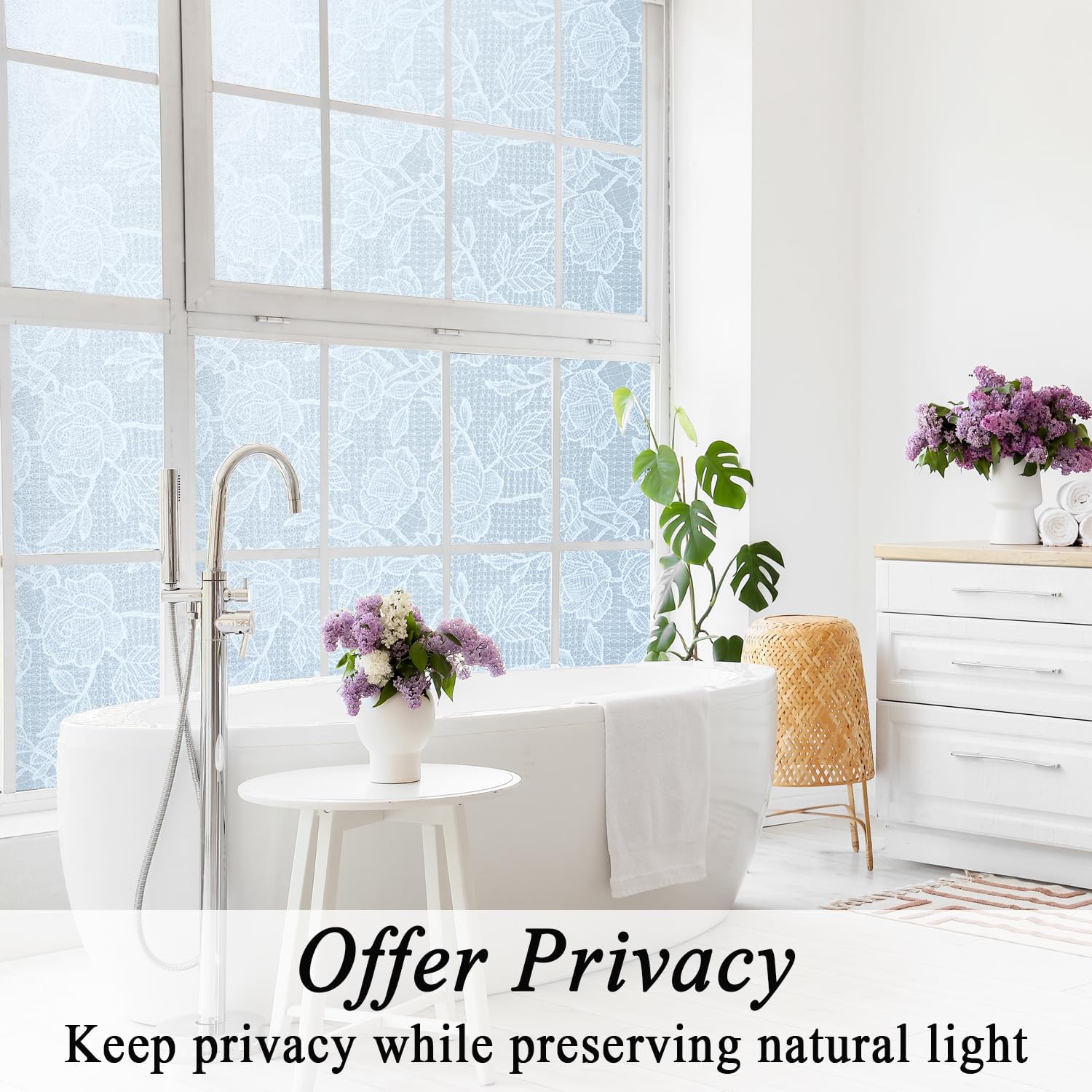White Lace Flower Window Privacy Film Stained Glass Door Decals Static Cling Tints for Home Sun Blocking Decor Removable Stickers,35" x 78.7"
