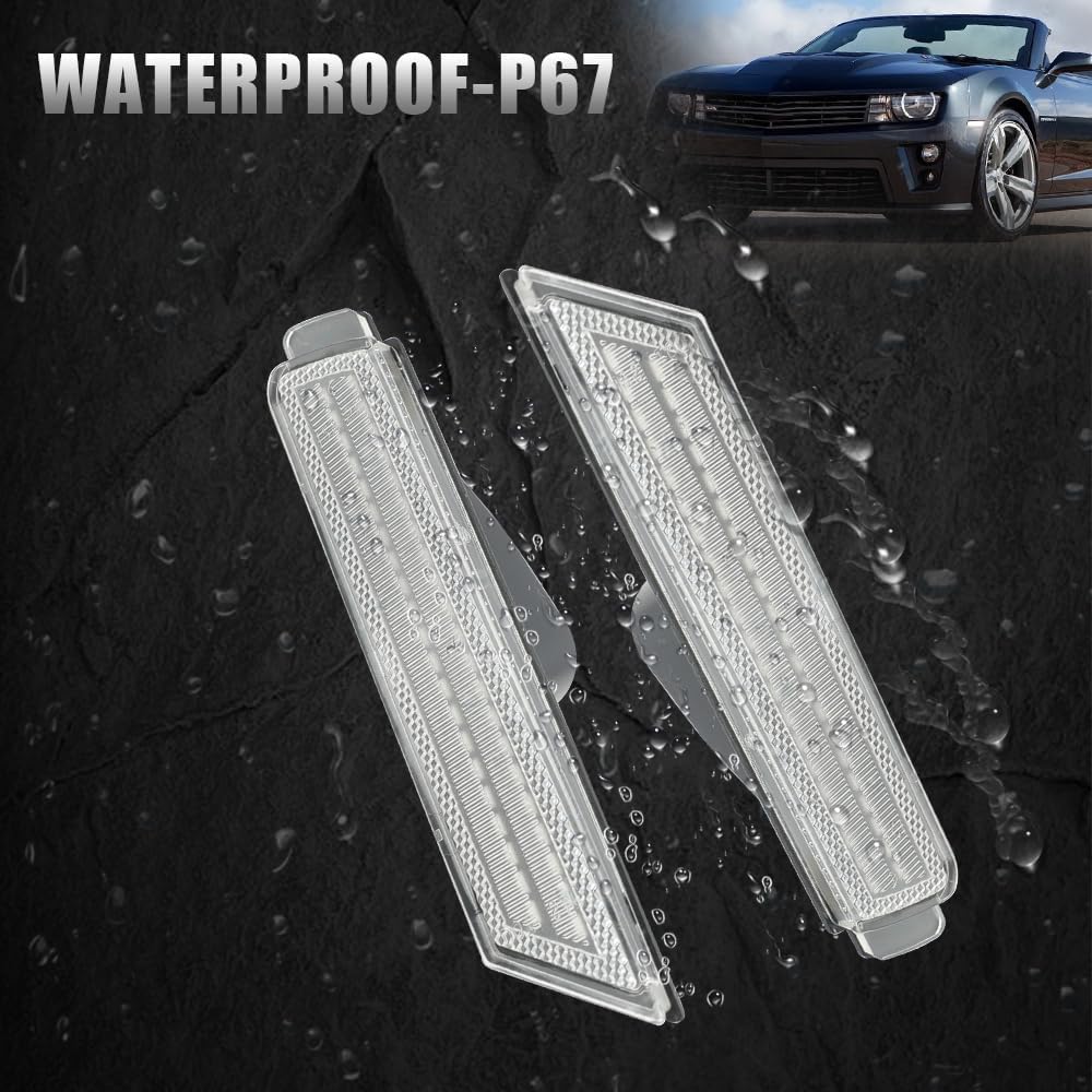 ROCCS 4PCS LED White Clear LED Side Marker Lights Compatible with 2010-2015 Chevy Camaro SS/RS/ZL1/LT Front Rear Bumper LED Sidemarker Signal Light, Clear Lens