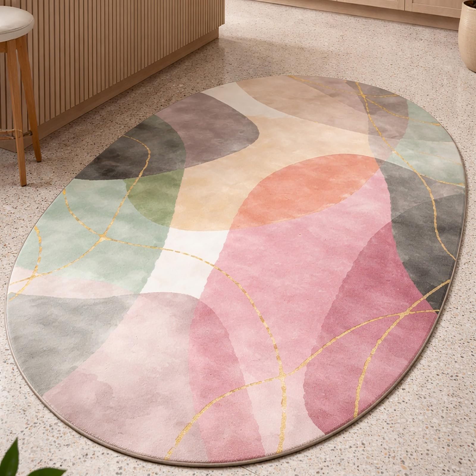 Tapis ovale de salon 70x110 cm multicolore pastel pour table basse et chambre