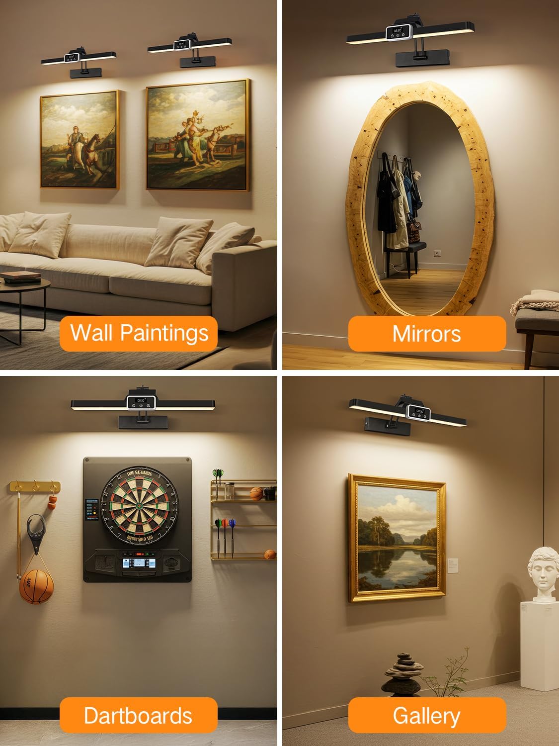 OUTON Rechargeable Picture Light with Remote & Touch, 15.7" Magnetic, Battery Operated, 3 Color Temperatures Dimmable, Clock, Timer, Memory, Power Indicator, Wireless Art Light for Wall, Black-2Pack