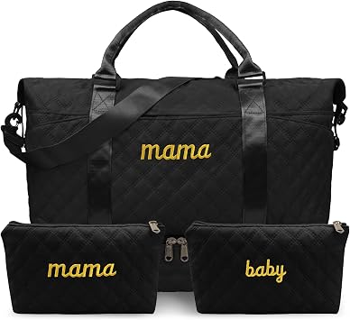 Mama Baby Pregnancy Hospital Bag Essentials for Women Labor Delivery Diaper Organizer with Shoe Compartment,2 Waterproof Toiletry Pouch Travel Duffle Bag for Mommy Weekender Overnight Gym Gifts,Black