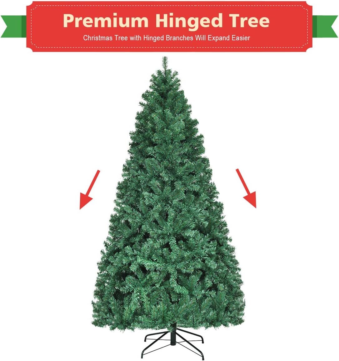 Goplus Pre-Lit Christmas Tree, Premium Artificial Spruce Hinged with Warm LED Lights and Metal Stand, Green (7.5 FT)
