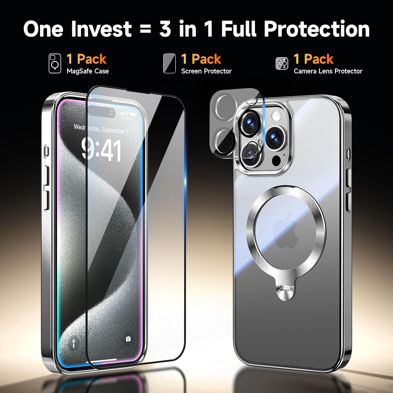 [Tri-Shield Protection] for iPhone 15 Pro Max Case with 360° Spin Stand Compatible with MagSafe [Magnetic CD Ring][Screen & Camera Protector]Shockproof Plating Never-Yellowing, Natural Titanium-6.7" - Image 3