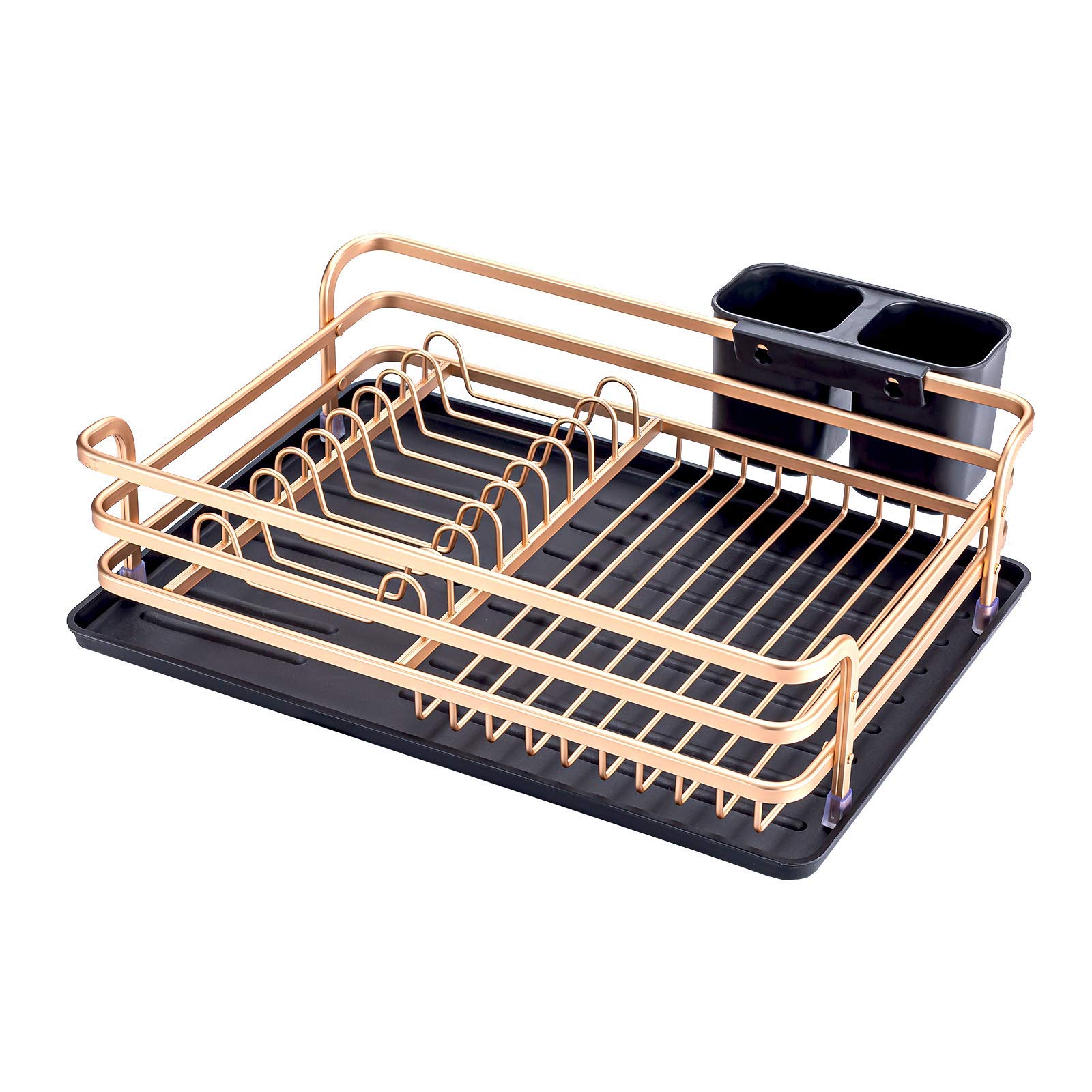 CLQ Geschirrkorb Abtropfgestell,Aluminiumlegierung Geschirrkorb Lagerregal Für Geschirr Küchenregal Halter Aufbewahrungsbox Mit Stäbchenhalter-Black & Gold