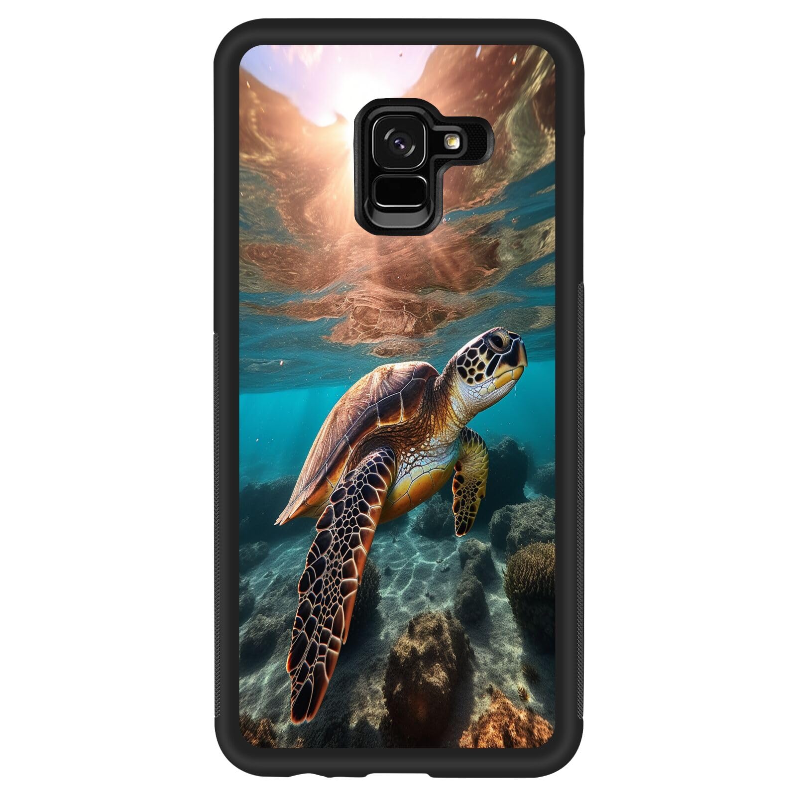 Phone Case for Samsung Galaxy A8 Plus with Sea Turtle Designer Art214 Black Slim Rubber Frame Full Body Protection Cover Case for Samsung Galaxy A8 Plus Drop Protection