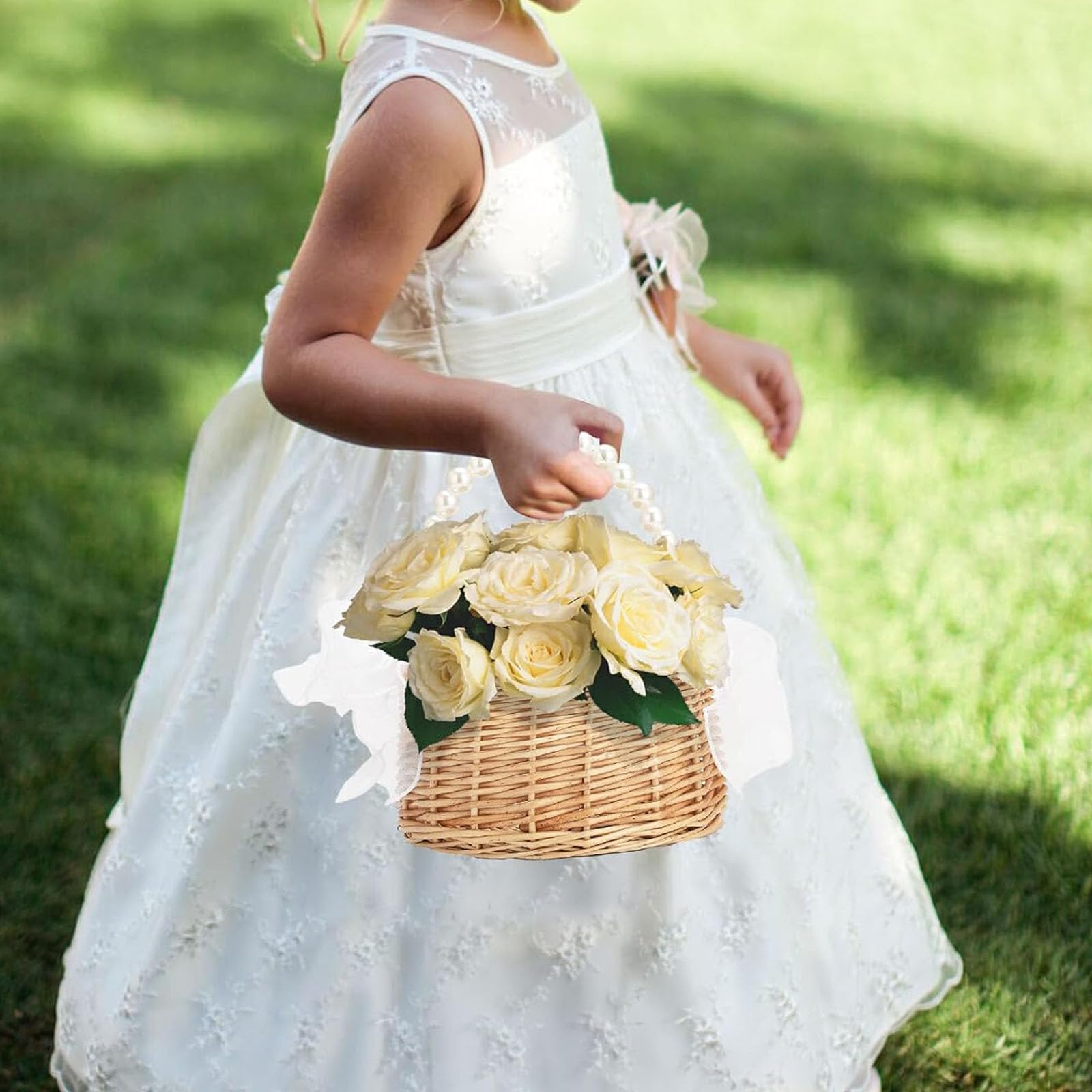 Weidenkorb aus Rattan mit Perlengriff, niedlicher Weidenkorb, Osterkorb, Schleife, Blumenkörbe für Hochzeit, Heimdekoration (16,5 x 19,8 cm)