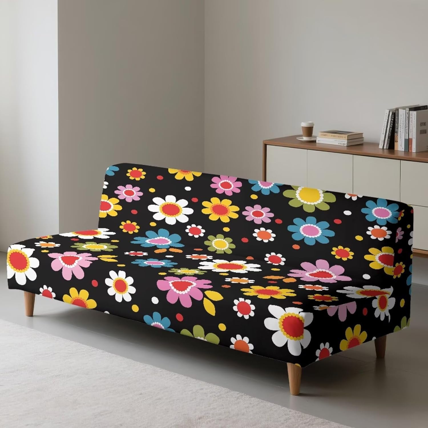 Armless Sofa Couch Loveseat Protector Slipcovers with Elastic Bands, Stretch Futon Covers for Living Room Bedroom Furniture Protector Colorful Hippie Daisy Flowers