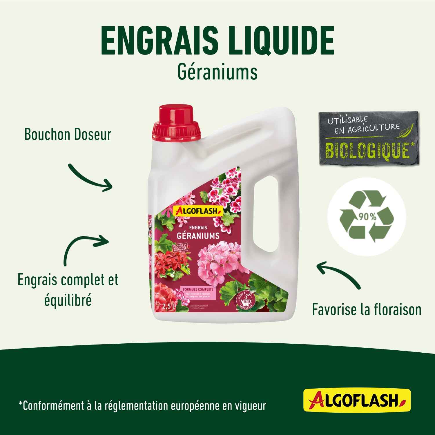 Algoflash Engrais Liquide Géraniums, Utilisable en Agriculture Biologique, Bouchon Doseur Inclus - 2,5 L