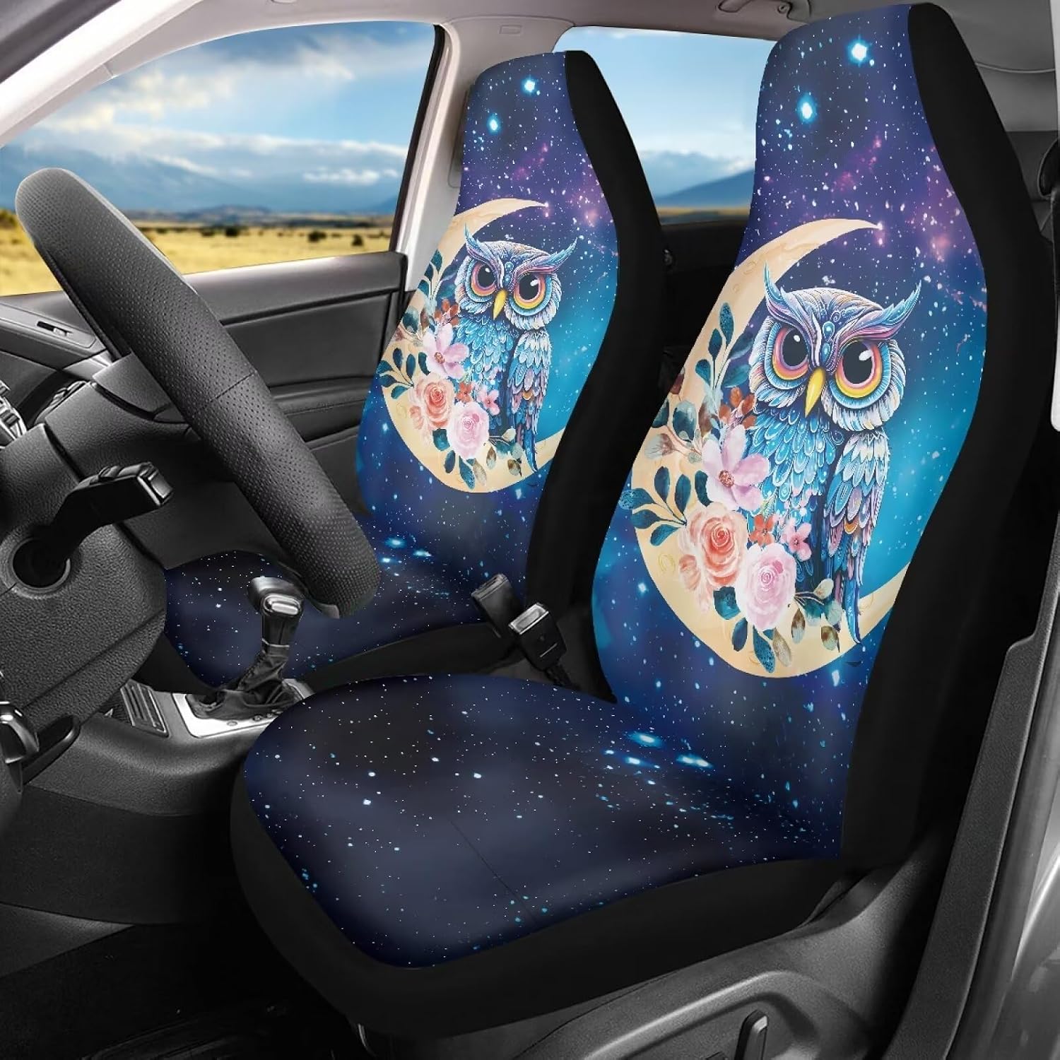 Floral Owl Auto Seat Covers for Cars Front Seats Cloth Galaxy Moon Print 2 PCS Car Seat Cover for Women Soft Durable Bucket Seats Protector