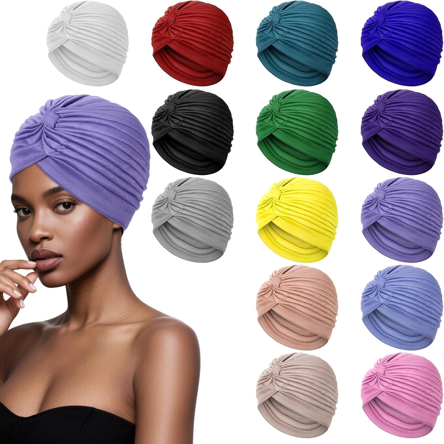 14 Pcs Stretchy Turban Cap Chemo Head Wraps Stretchy Cancer Headwear Beanie Twisted Hats Head Cover for Women Girl - Image 9