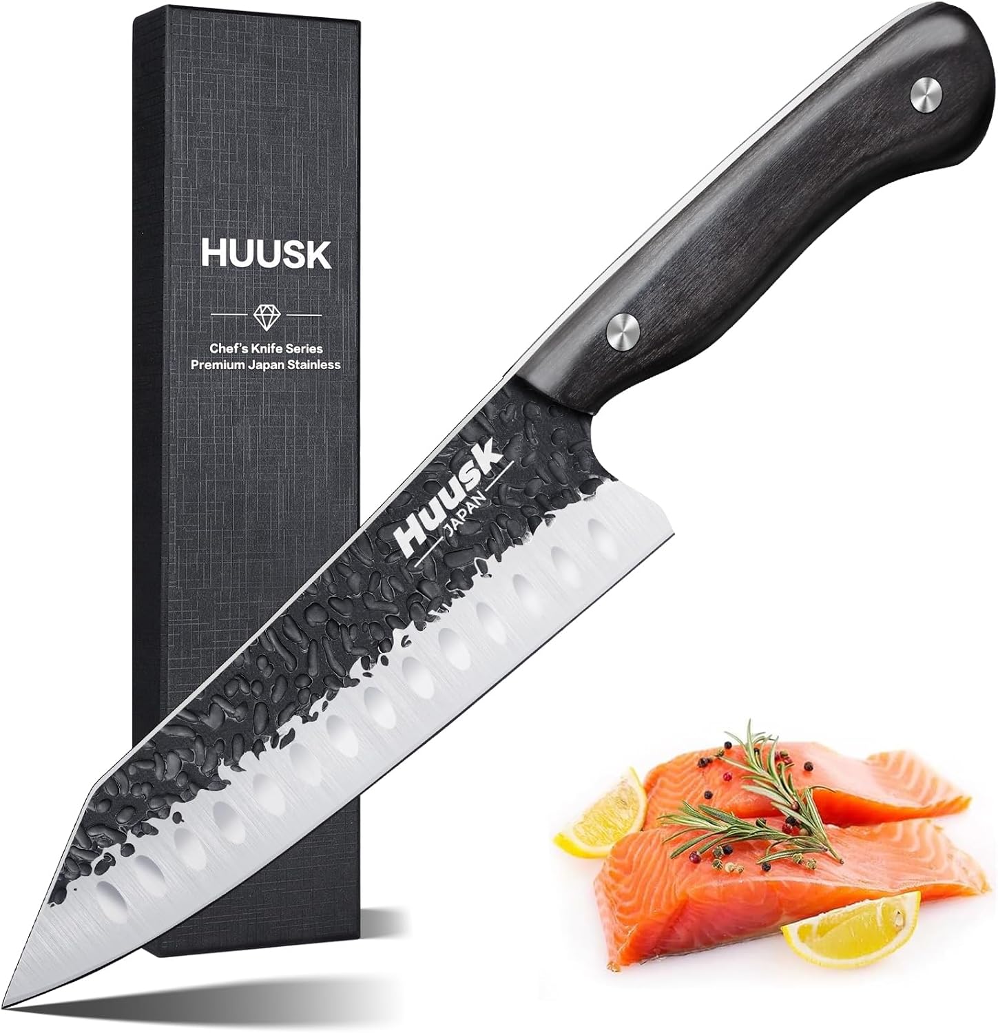 Huusk Knives from Japan Santoku knife - Hand Forged Chef Knife for Meat Cutting - Ideal Kitchen Knife Made From a Single Piece of High Carbon Steel Christmas Gift for Men and Women