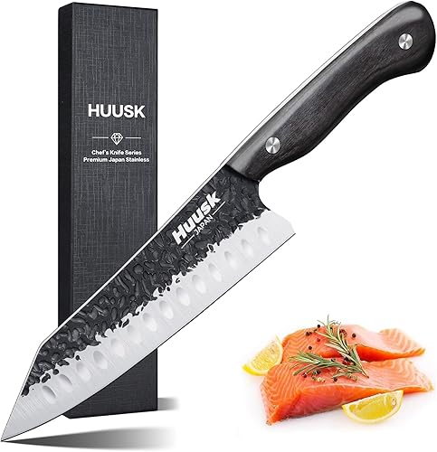 Huusk Cuchillo Santoku de Japón - Cuchillo de chef forjado a mano para cortar carne, cuchillo de cocina ideal hecho de una sola pieza de acero de
