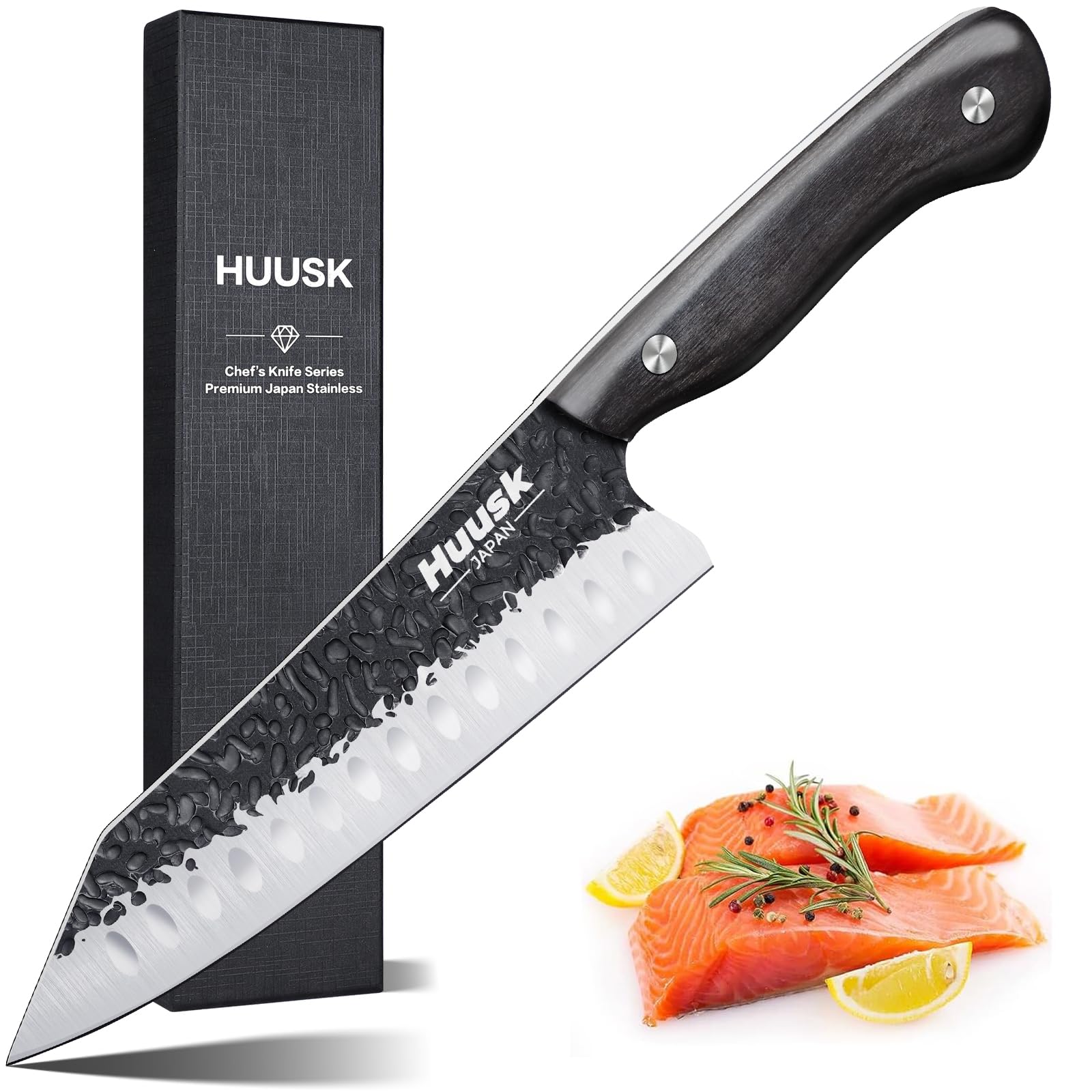 Huusk Knives from Japan Santoku knife - Hand Forged Chef Knife for Meat Cutting - Ideal Kitchen Knife Made From a Single Piece of High Carbon Steel