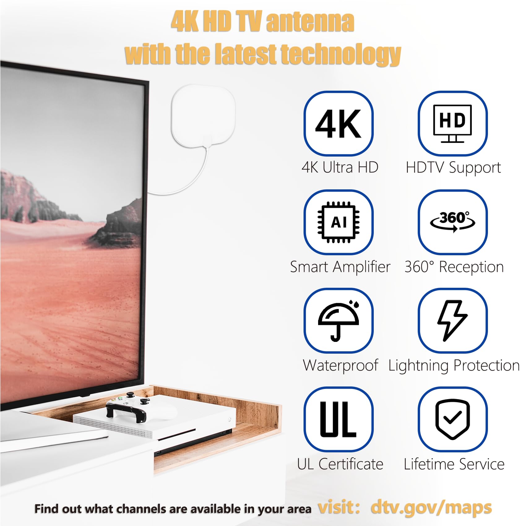 TV Antenna Indoor for Local Channels - 4K HD Amplified Digital HDTV Antenna with Signal Booster - 360° Long Reception TV Aerial Support All Types TV