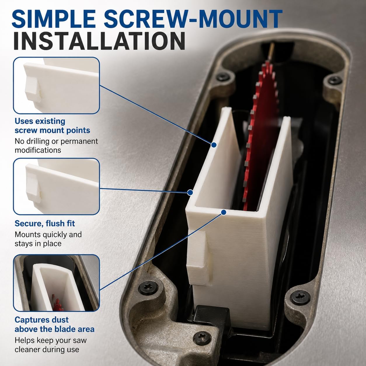 Upper Blade Guard Dust Collection Port for Delta 36-725 T2 Table Saw – Above-Blade Dust Hood | Screw-Mount Installation | Improves Shop Dust Extraction and Keeps Workshop