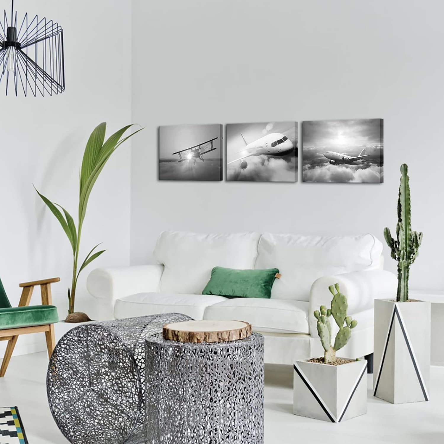 sechars 3 Piece Black and White Plane Wall Art Airplane During Sunset Pictures Photo Giclee Print on Canvas Modern Aircraft Wall Decor for Boy Bedroom Office Living Room Ready to Hang (Small)