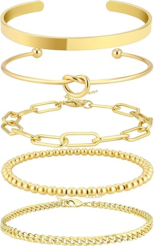 14K Gold Plated Bangle Cuff Bracelet Set for Women Bracelet Stack Adjustable TennisBeadedPaperclipCuban Link Chain Bracelets Jewelry