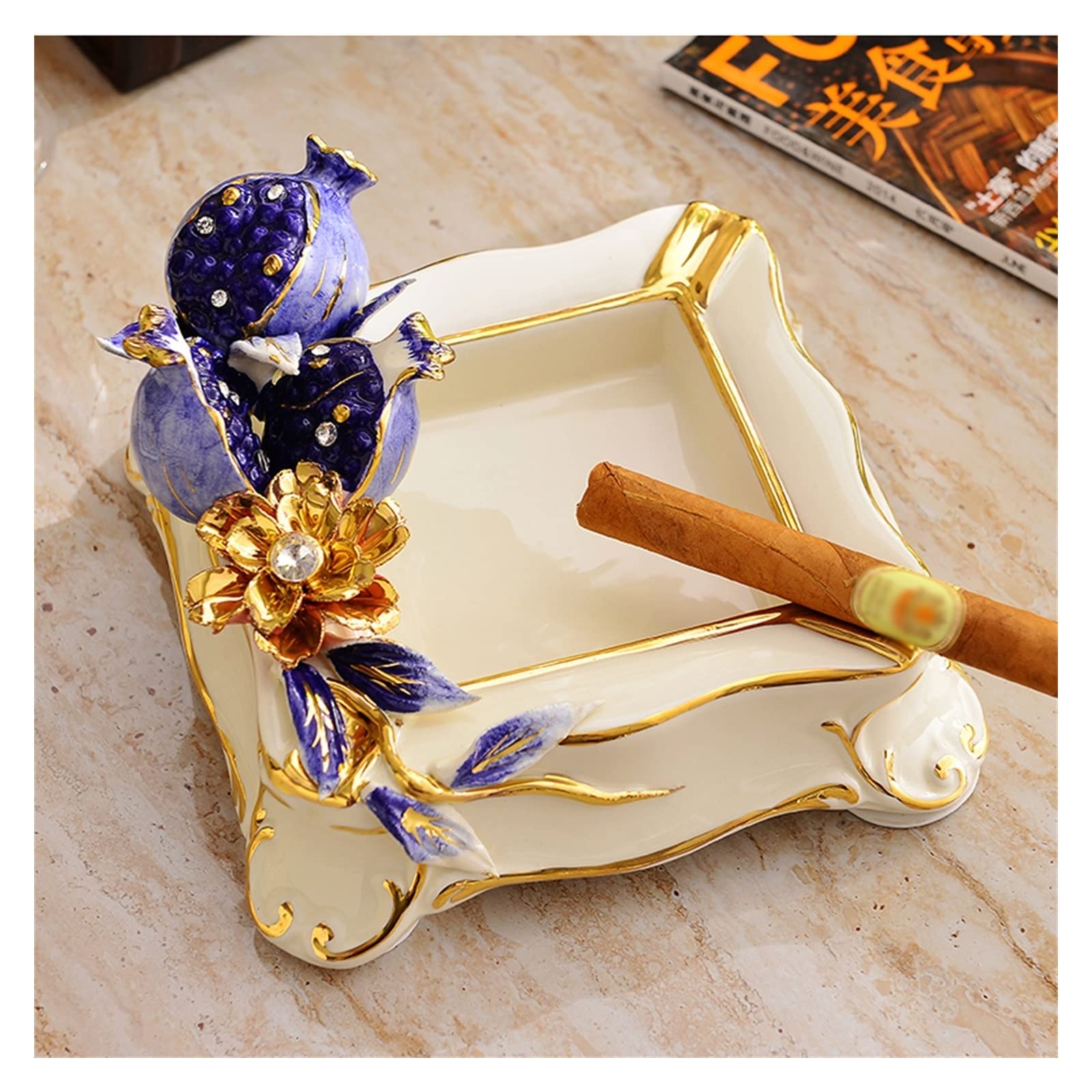 Sdgeryeeg Onecolor Ashtray， Luxury Square Ceramic High-End Vintage Ash Tray Decorative Large Cigar Living Room Coffee Table Ornament