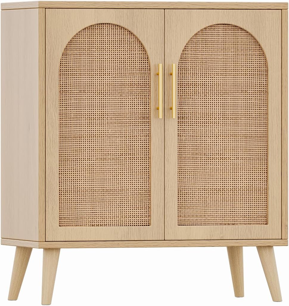 Rattan Storage Cabinet with Doors, Modern Accent Bathroom Floor Cabinet, Sideboard Buffet for Living Room, Entryway, Dining Room and Kitchen, Natural BMGZ108M