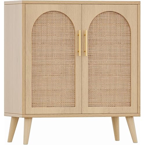 Rovaurx Rattan Storage Cabinet with Doors, Modern Accent Bathroom Floor Cabinet, Sideboard Buffet for Living Room, Entryway, Dining Room and Kitchen, Natural BMGZ108M