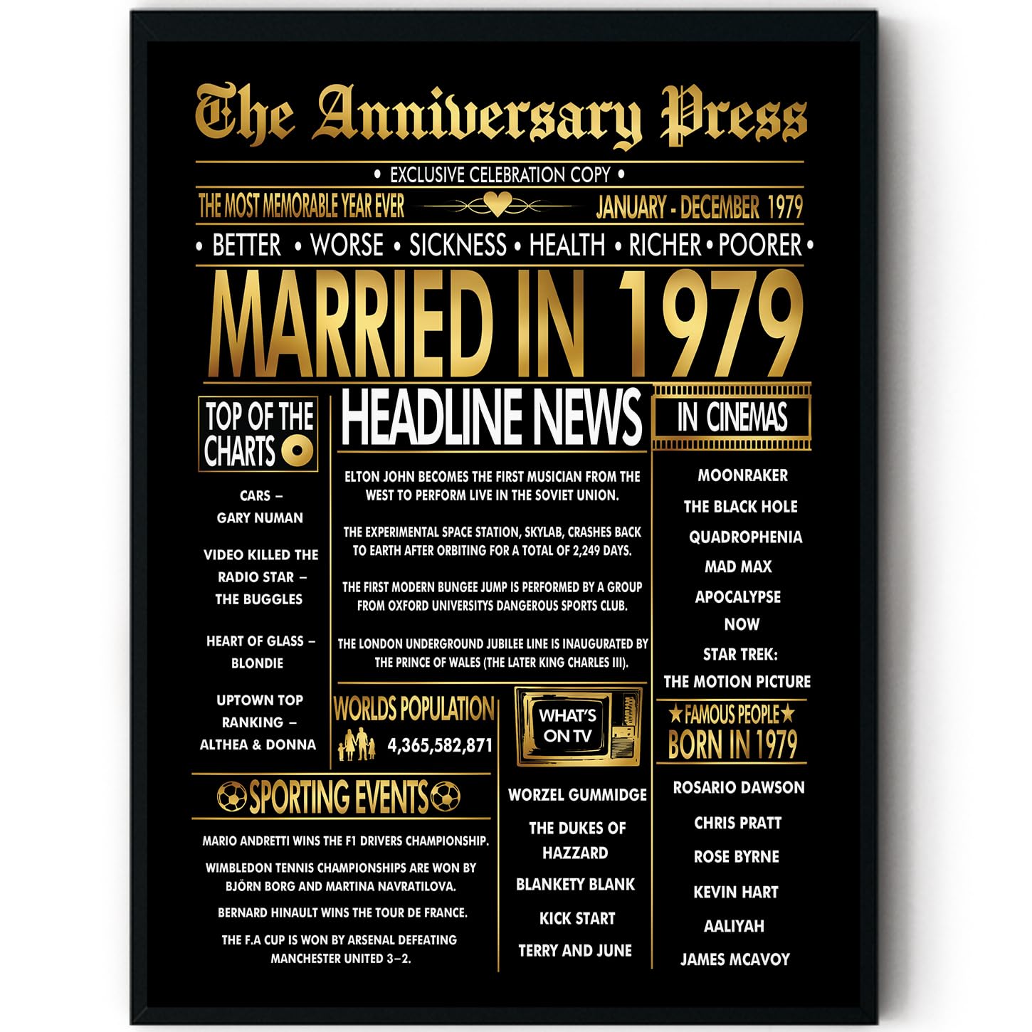 Stuff4 Gold 47th Anniversary Poster Framed - Golden Married In 1979 Newspaper - 47 Anniversary for Men Women Retro Vintage Gifts Back In 1979, 8x10 Inch Bday Party Decor Decoration