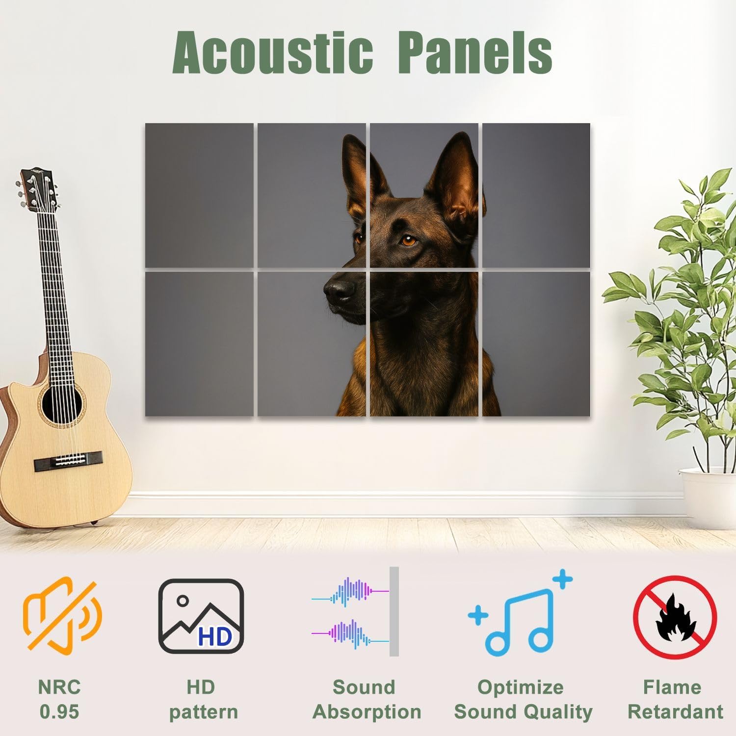 8 Pack Art Acoustic Panels Self Adhesive purebred belgian malinois dog dog portrait pictures royalty Decorative Soundproof Wall Panels Sound Absorbing Panel 48"x32" for Office Home Studio