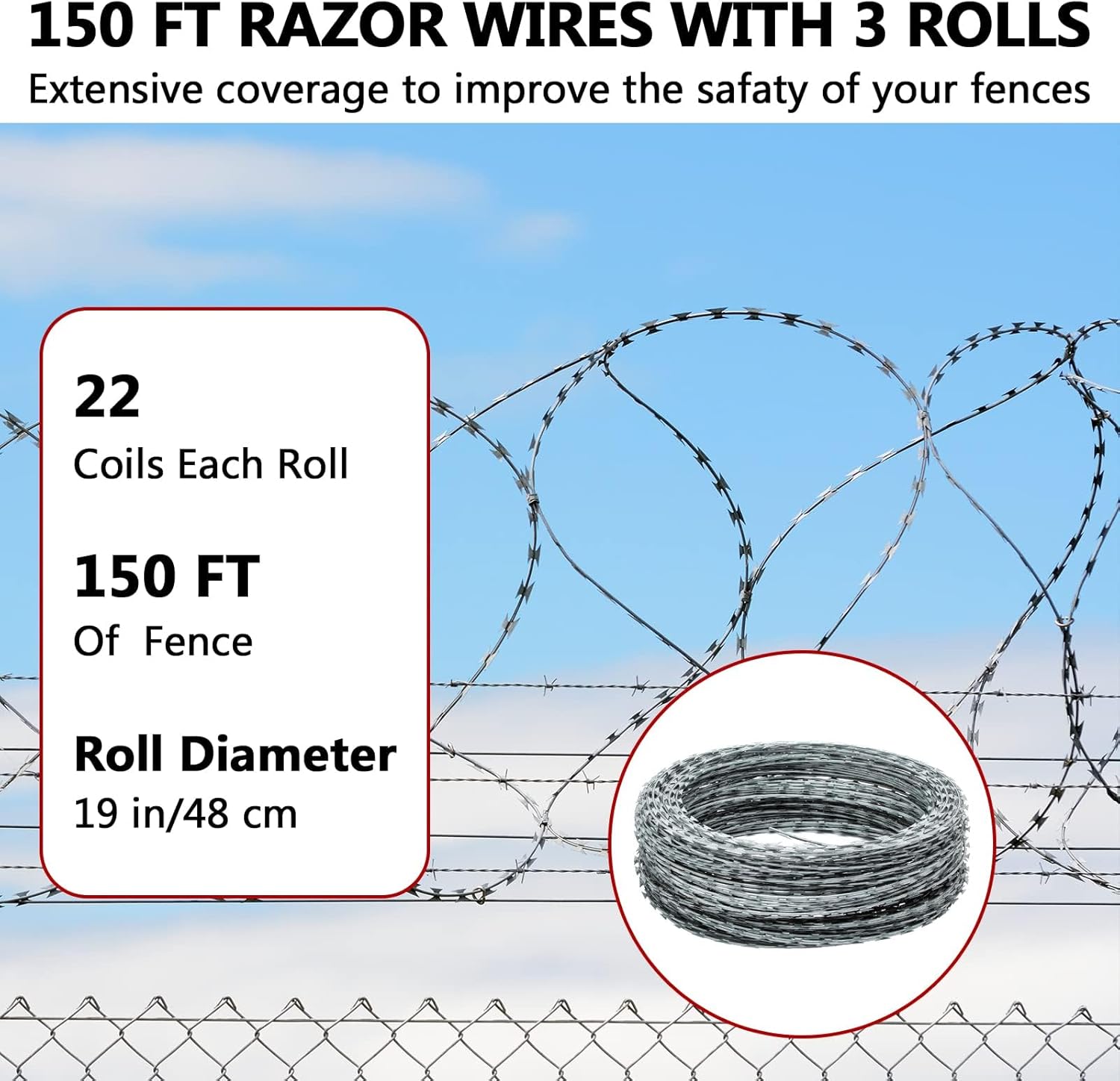 Razor Wire 150FT Galvanized Barbed Wire Razor Wire Fence Stretched Ribbon Barbed Wire Coils High Protection for Fence, Farm, Garden, Home