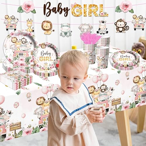 Miniatura 5 de Decoraciones de safari para baby shower para niña, vajilla rosa de animales de la selva, platos y servilletas de baby shower, mantel para fiesta de