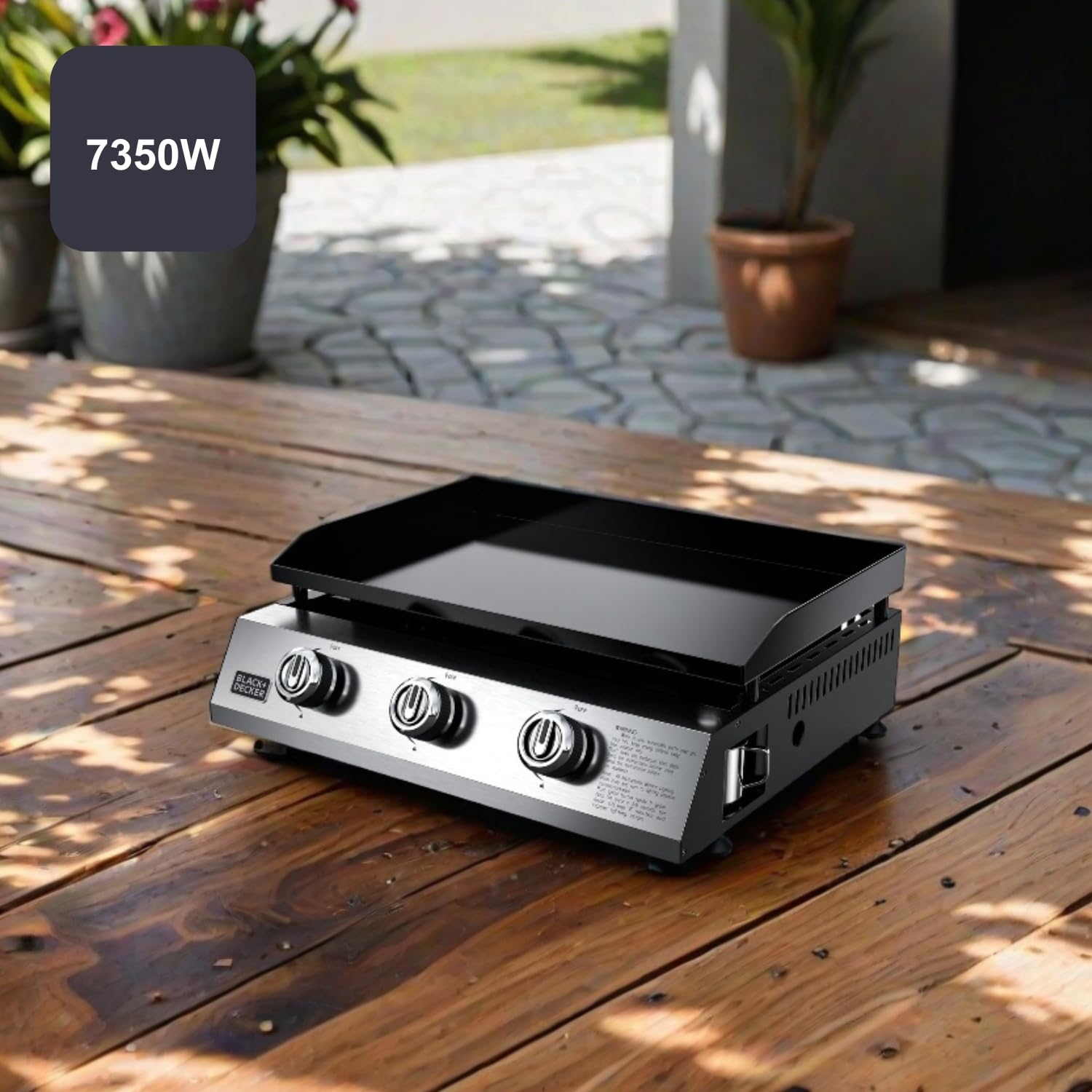 Black+Decker – Plancha de gas BXOP7350E | 3 quemadores | Parrilla de acero | Amplia superficie de cocción | 12 Personas | Para bombona gas estándar España/Italia | Patas Ajustables | Limpieza Fácil