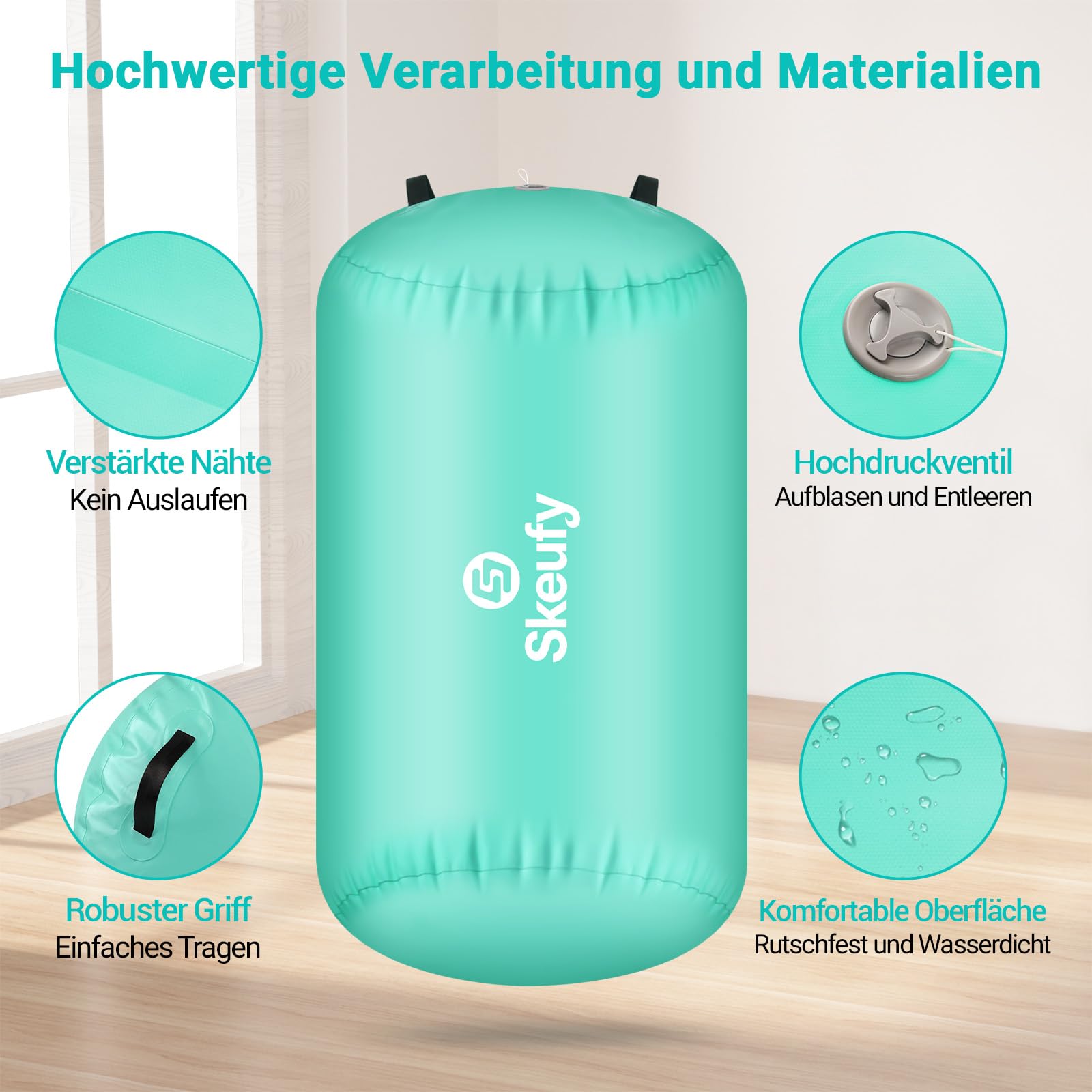 Skeufy Opblaasbare airtrack luchtrollen, yoga gymnastiekmat, gymnastiekmat, turnmat, Air Tumbling track, oefenkolom, sportmat voor thuis, outdoor, fitness, roze, 120 x 90 cm
