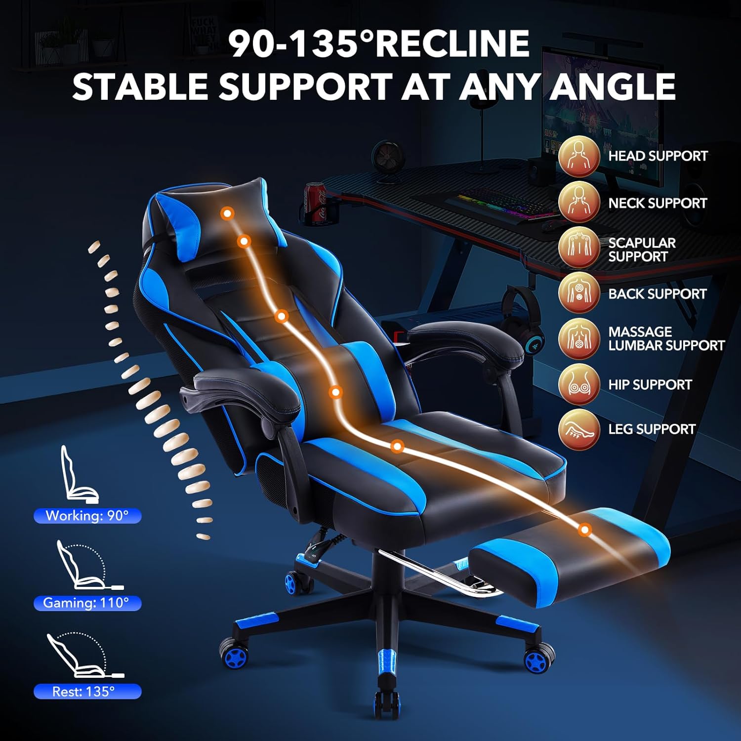 Big and Tall Office Chair, High Back Leather Gaming Chair with Footrest, Ergonomic Computer Chair w/Lumbar Support & Headrest, 360° Swivel Base & Height Adjustable Executive Chairs for Home/Offices