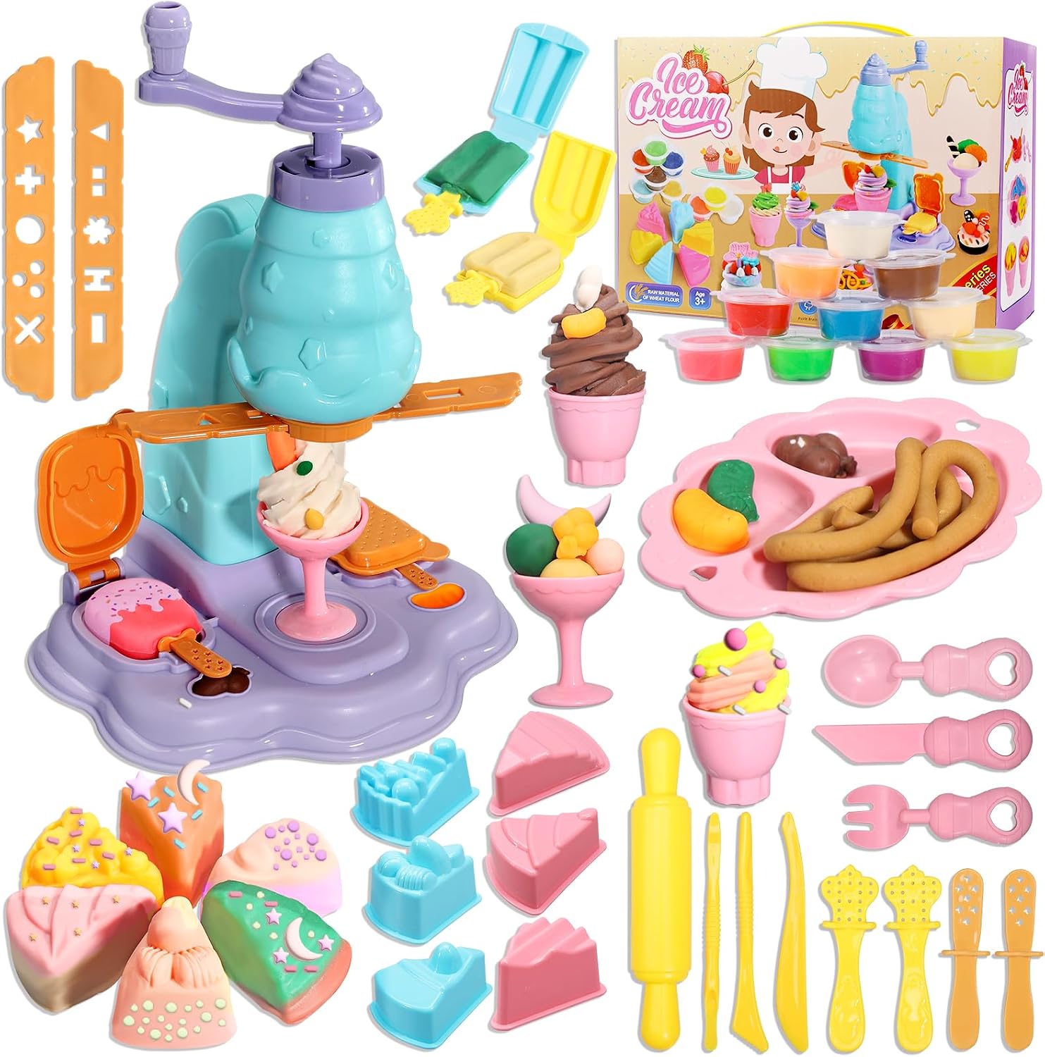 Crelloci Ice Cream Dough Play Set for Kids Ages 3+, DIY Ice Cream Maker Toy with 12 Color Dough Cans, Cake & Popsicle Molds, Pretend Kitchen Accessories, Gift for Boys & Girls