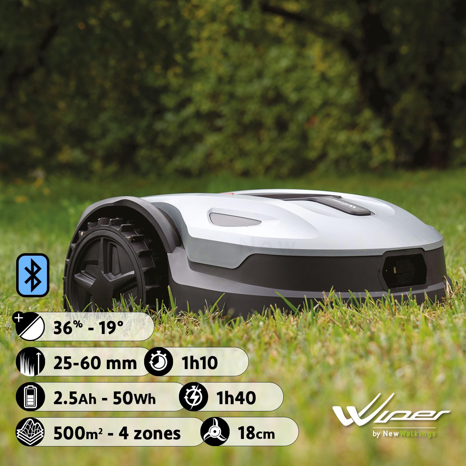 WIPER Pop-5S Robot Tondeuse | 500m2 | 2 Zones gérées | Récepteur Bluetooth | 3 Lames | Capteur de Pluie | Fil périmétriq — vue 2