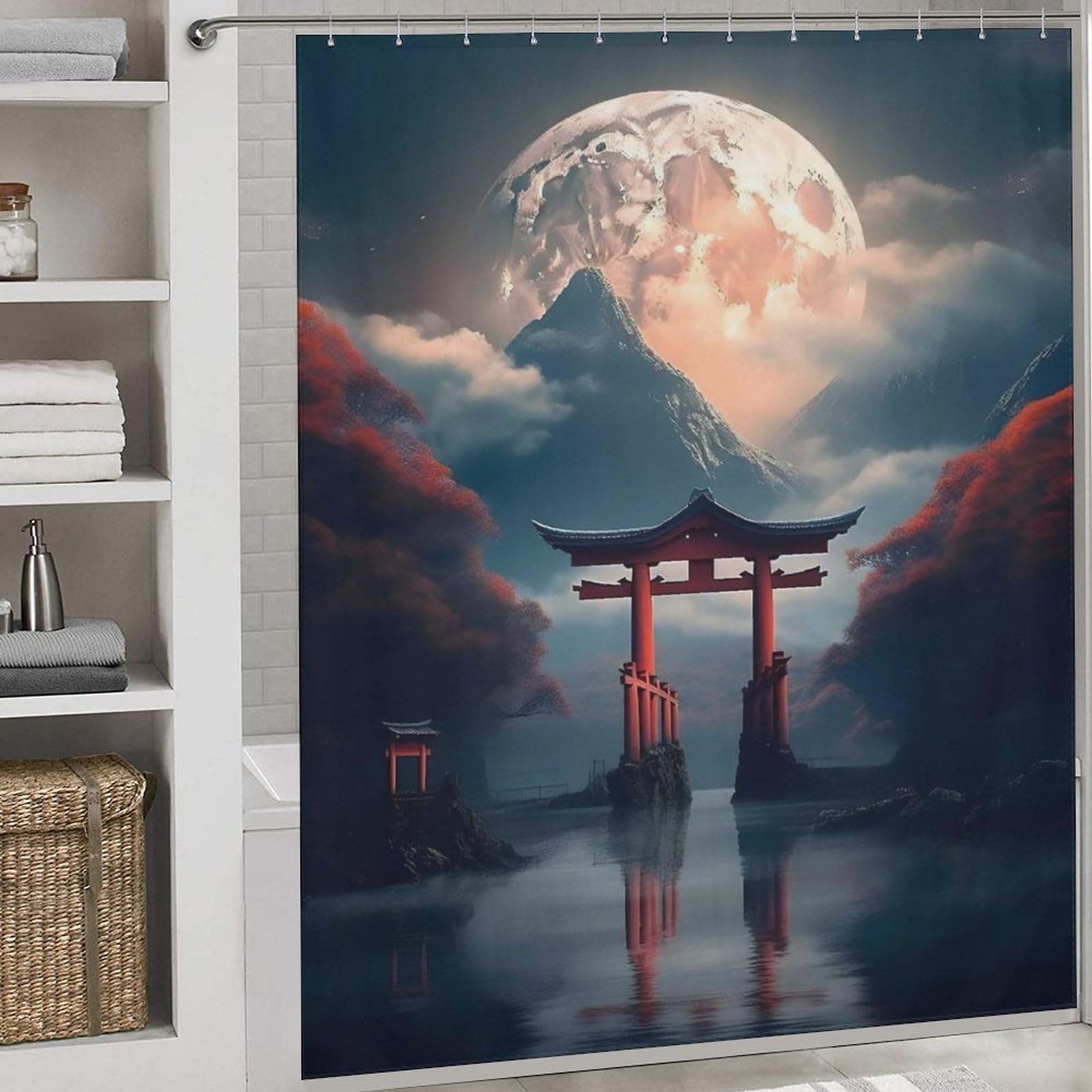 Rideau de douche tissu lavable au motif torii japonais avec finitions haut de gamme 183cm