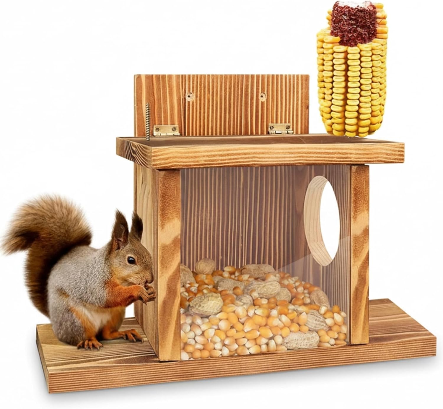 Squirrel Feeders for Outside, Wooden Flip-Top Squirrel Box with Clear Window Weatherproof Nut Bar Chipmunk Feeder for Wood Deck, Tree, Fence, 14x5x9in Feeders