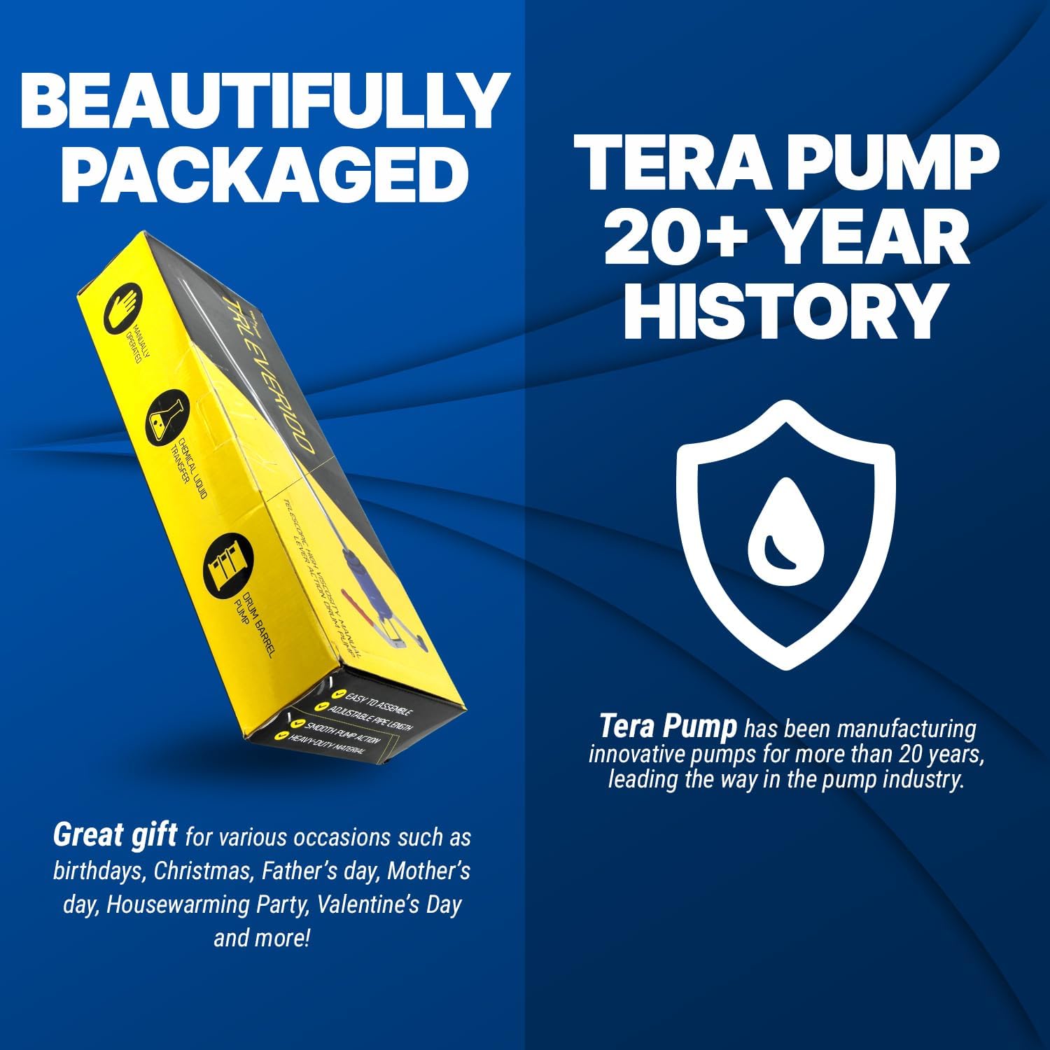 TERA PUMP Lever-Action Drum Pump – Manual High-Efficiency Fluid Transfer for 15 to 55 Gal Barrels, 16oz per Stroke, Versatile for Thick Liquids, with Adjustable Suction & Non-Drip Spouts