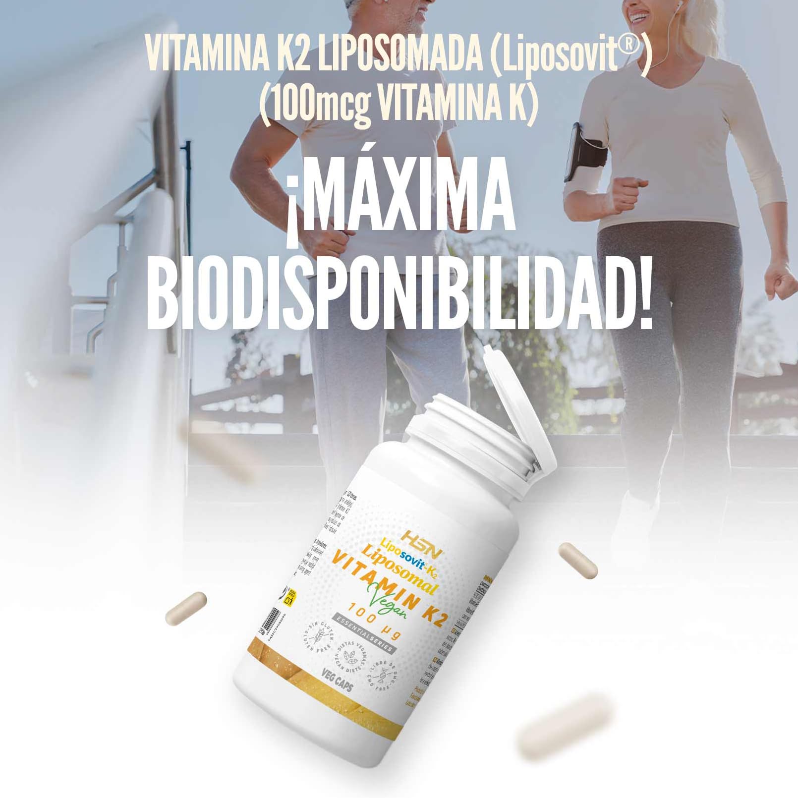 HSN Vitamina K2 Liposomal 100mcg Liposovit® | 120 Cápsulas Vegetales - PURA Vitamina K2 LIPOSOMADA K2-MK7 (menaquinona-7) | Mejor ABSORCIÓN y BIODISPONIBILIDAD | No-GMO, Vegano, Sin Gluten ni Soja