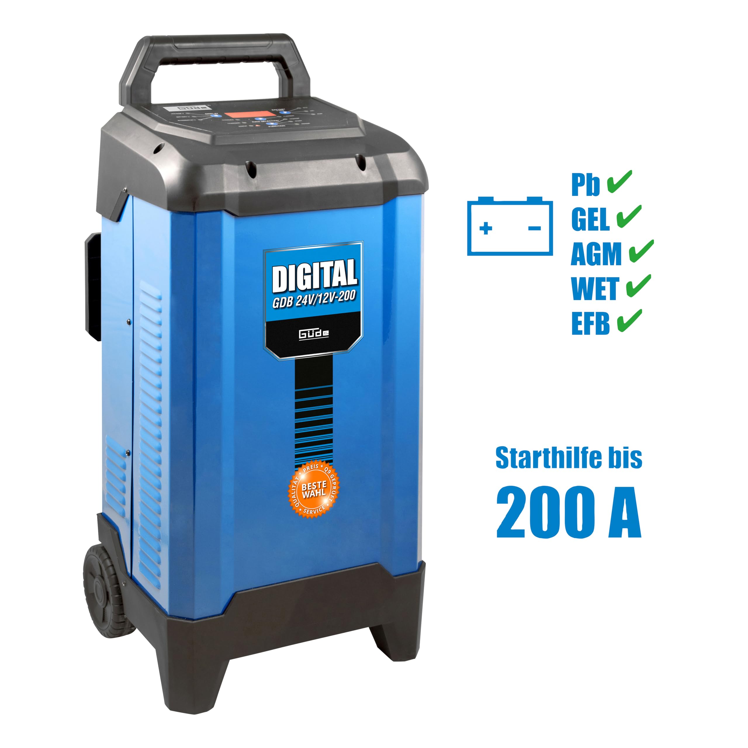 Güde Cargador de batería Digital GDB 24 V/12 V-200 (230 V, 6000 W de Potencia de Red, Voltaje de Salida de 12/24 V, para baterías de 20 – 450 Ah, LED, diagnóstico, Rescate, función de Carga y