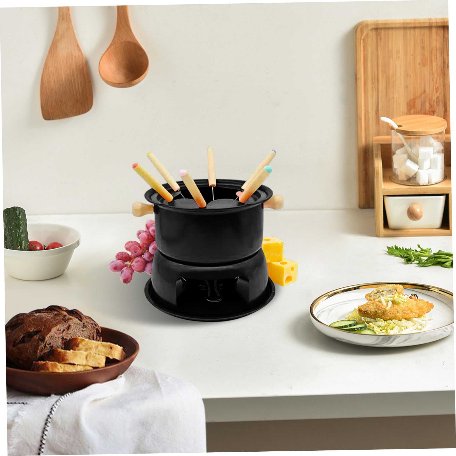 Service à Fondue : caquelon en Acier au Carbone avec 6 fourchettes, Tasse à Fondre pour Chocolat, Fromage et Viande, pour 6 Personnes